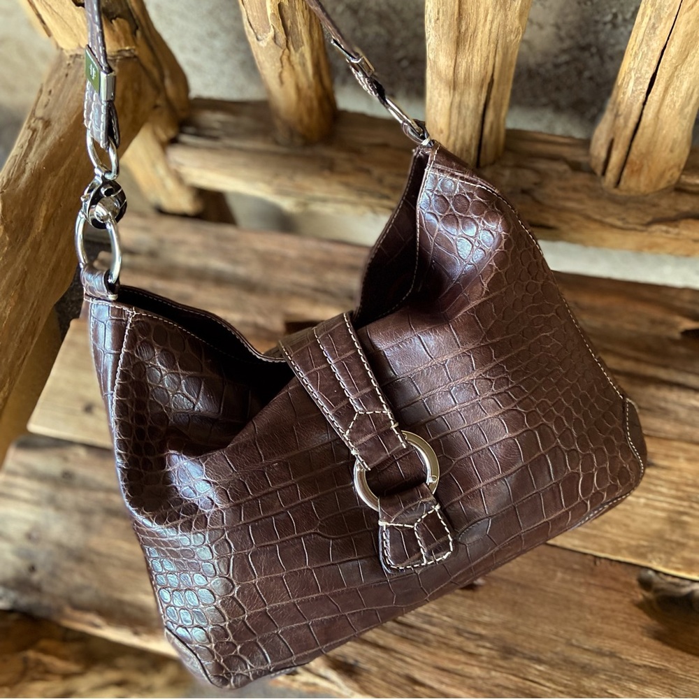 Leather Croc Embossed Textured Shoulder Bag Donald J Pliner - Picture 3 of 13